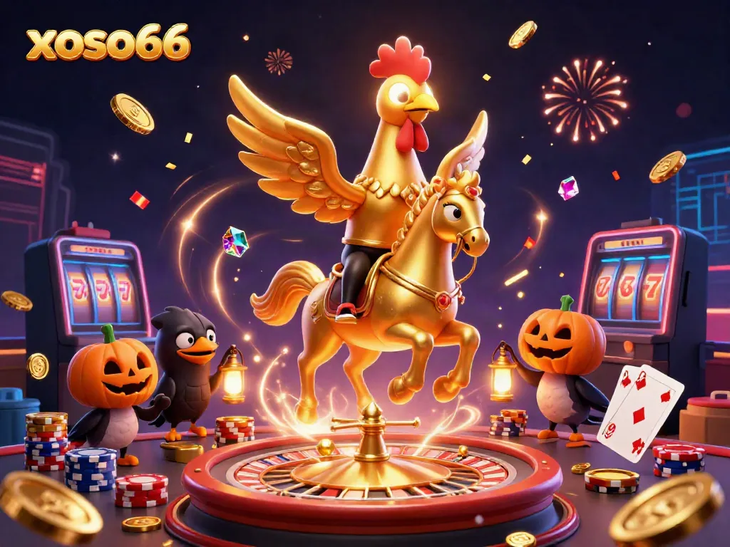 Experience the excitement of xoso66 with a dynamic casino illustration featuring a golden rooster galloping through a vibrant gaming scene.