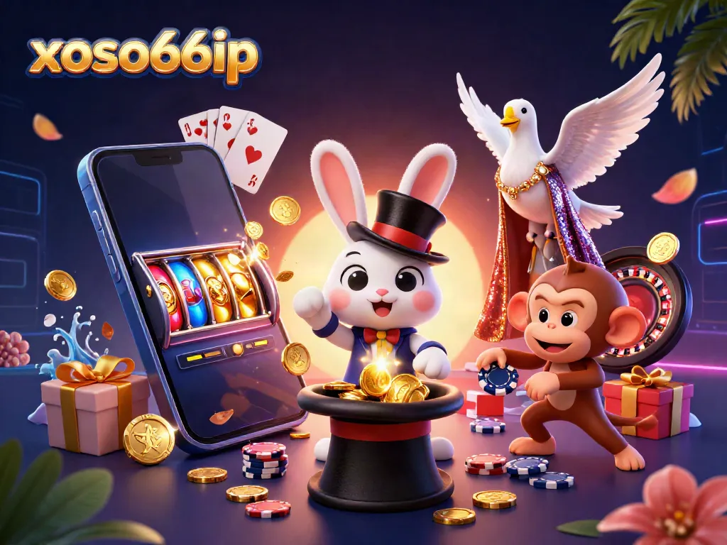 xoso66ip showcases a vibrant casino scene with a magician rabbit and a monkey, highlighting exciting gaming moments.