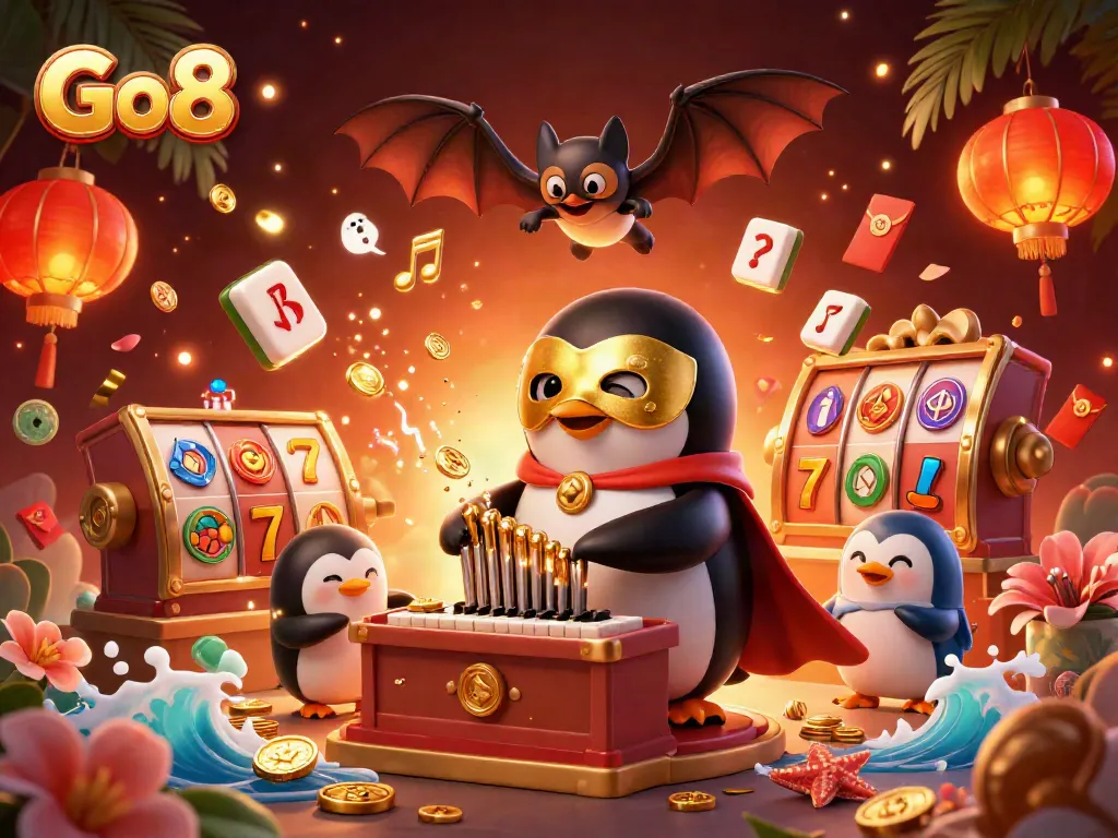 Experience exciting wins at Go8 casino with a vibrant scene of an opera penguin and animated elements.
