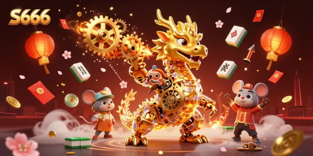 Experience the thrill of S666 casino with a golden dragon and festive elements in this dynamic illustration.