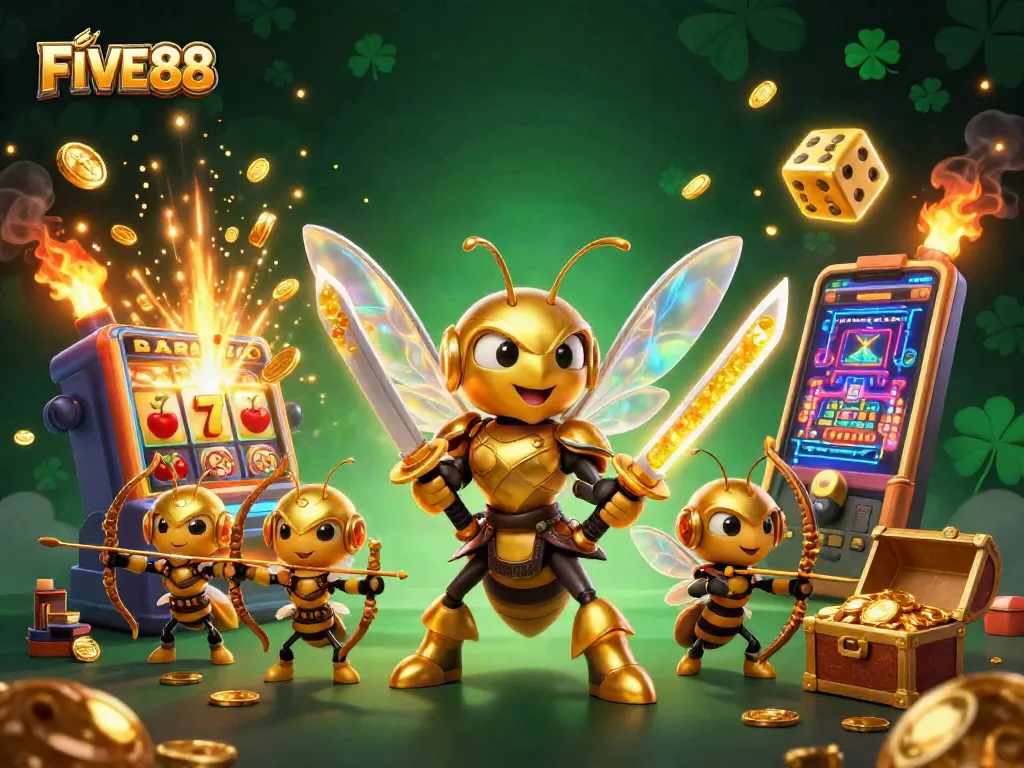 Experience the thrill of FIVE88 with dynamic scenes of slot machines, vibrant characters, and casino excitement.