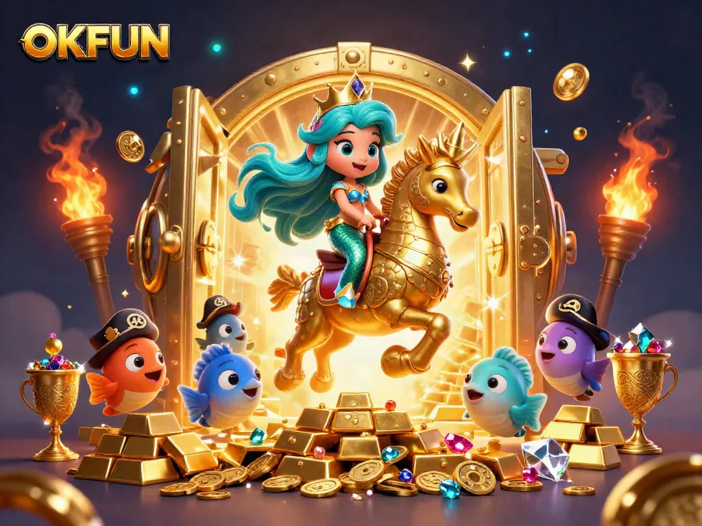 Engage in excitement with OKFUN's vibrant 3D illustration showcasing a mermaid princess at a treasure vault.