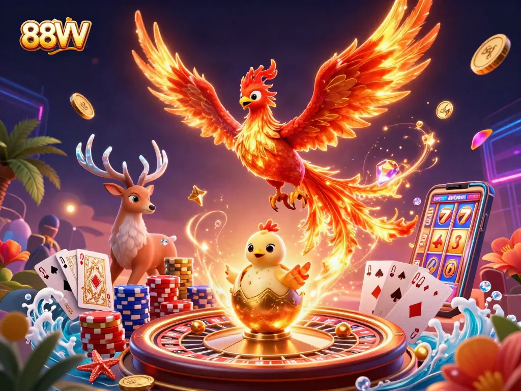 Win big with 88VV as a phoenix soars through a vibrant casino-themed scene.