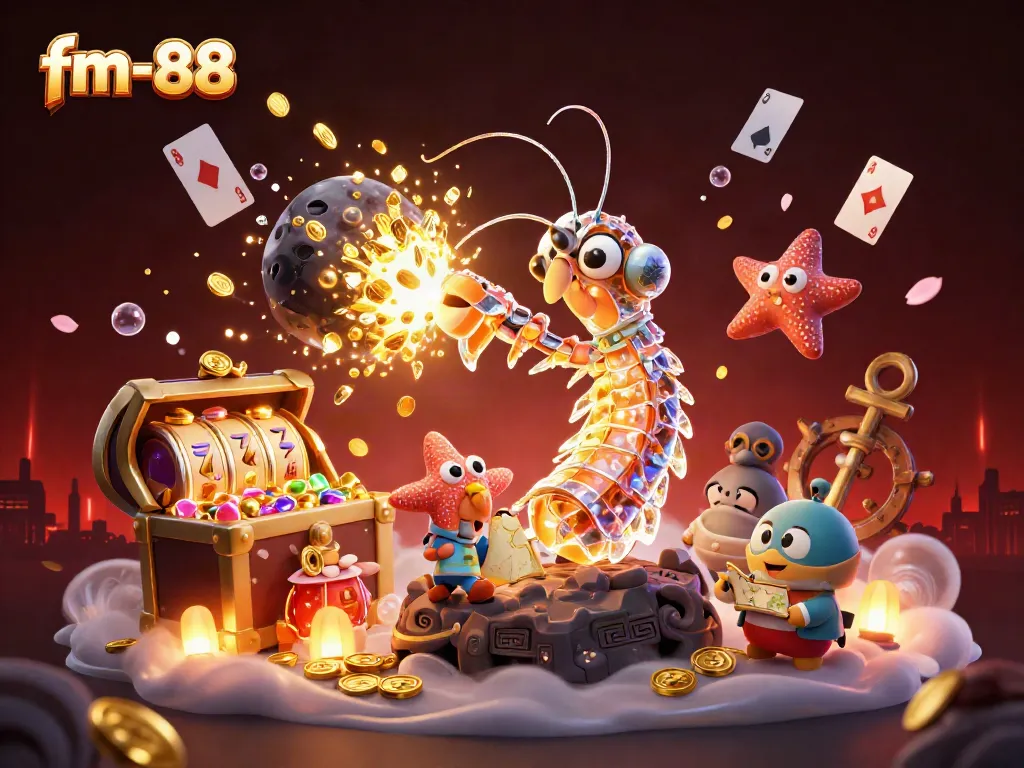 Experience the vibrant world of fm-88 with a galactic samurai mantis shrimp battling treasure-filled asteroids.