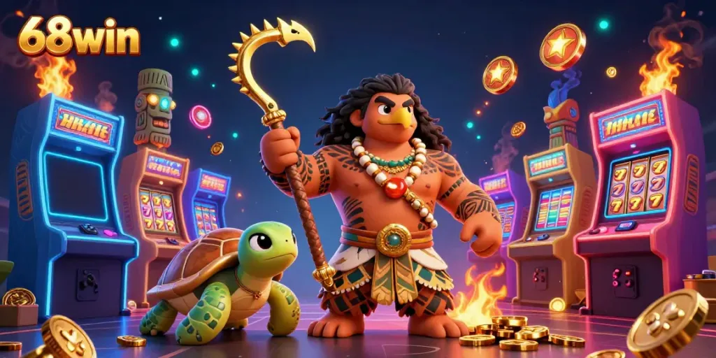 Experience thrilling gaming with 68win's vibrant 3D illustration featuring exciting casino elements and characters.