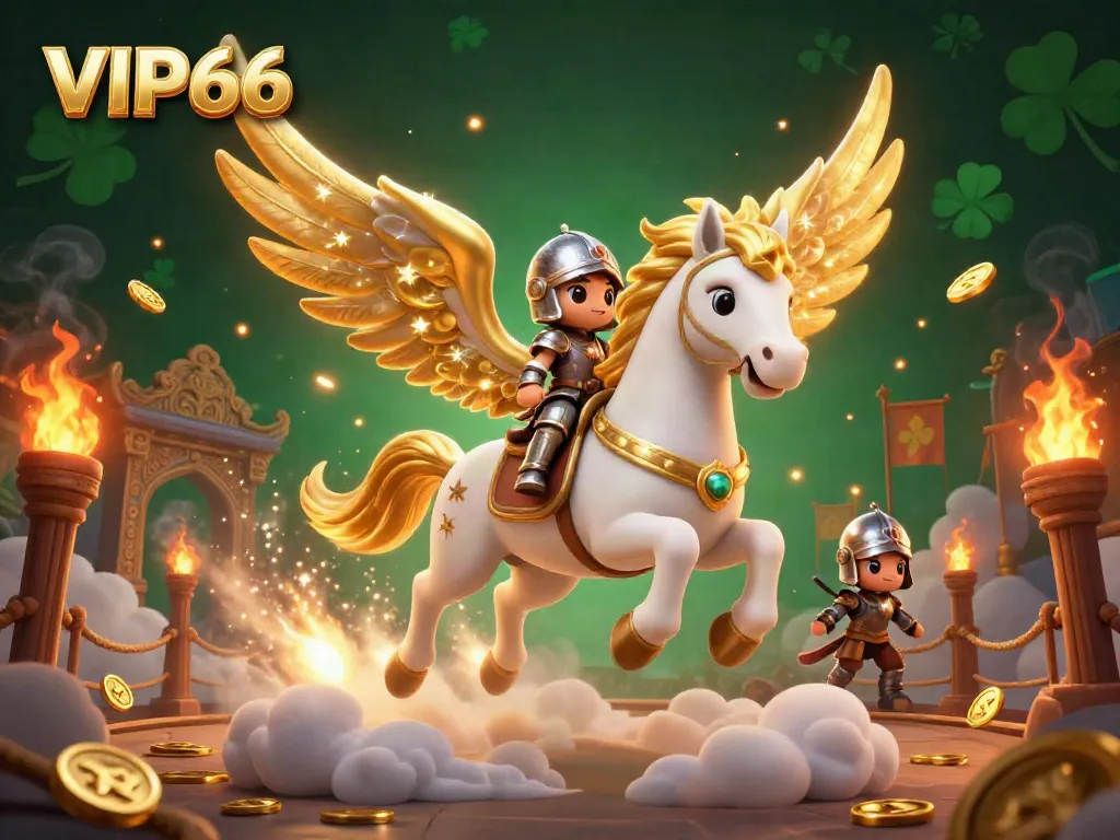 Experience the excitement of VIP66 with a celestial knight on a golden winged horse amidst a dynamic casino scene.