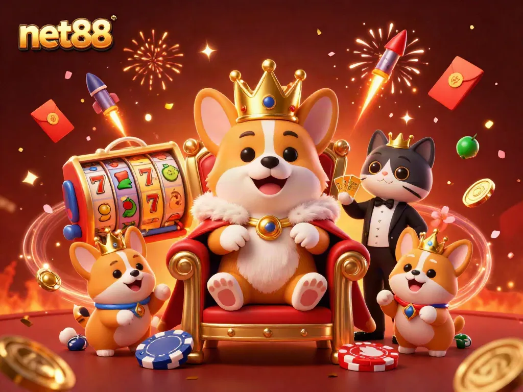 Experience gaming excitement with net88 at a vibrant casino scene with corgis and festive elements.