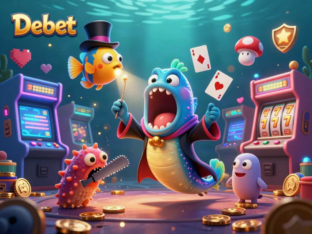 Experience thrilling card tricks with Debet in an underwater casino world filled with vibrant 3D gaming elements.