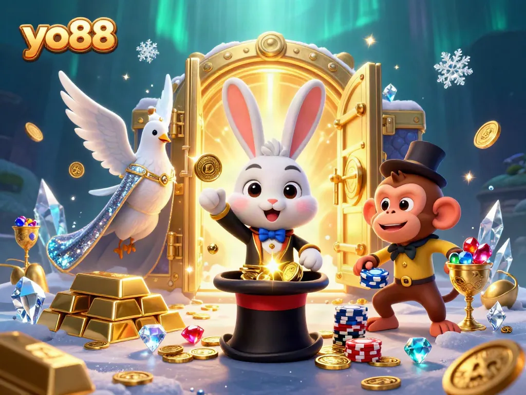 Play with yo88 as a magician rabbit conjures golden coins amidst a dazzling casino scene.