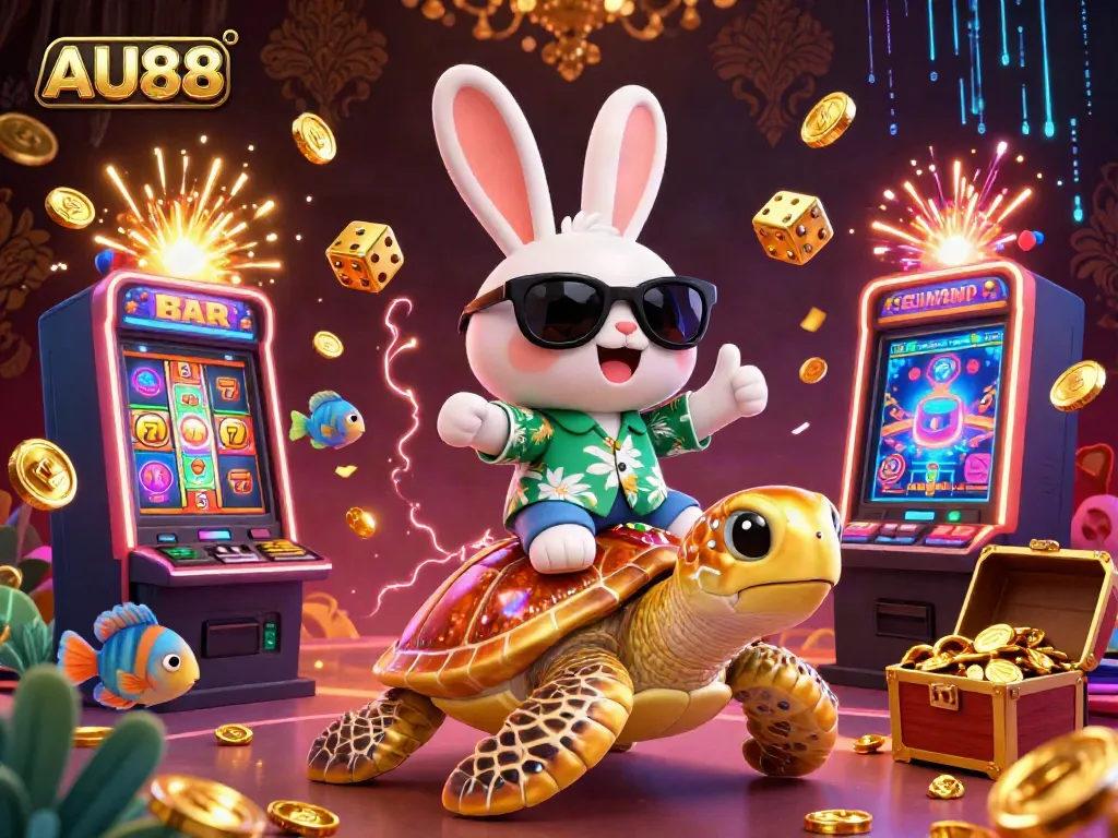 Experience the thrilling AU88 casino with a lucky rabbit and golden turtle surrounded by jackpot bursts and vibrant sea life.