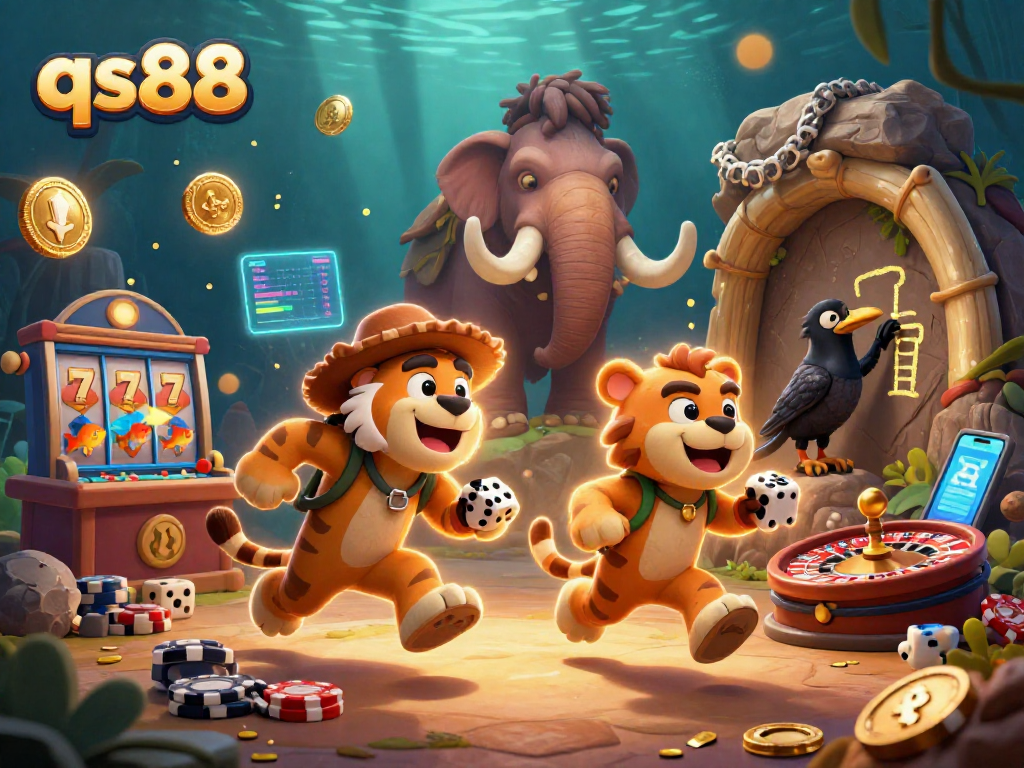 Engage in thrilling gambling activities at qs88 with a vibrant casino scene featuring unique cartoon characters and exciting game elements.