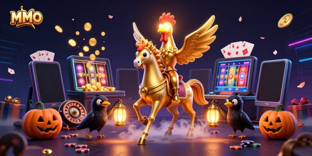 Exciting MMOO casino gaming scene featuring a golden rooster and spectral horse amidst vibrant slot game elements and glowing coins.